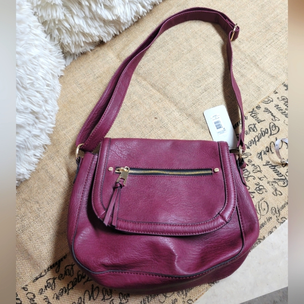 A+ Wine berry cross body bag with silver tone hardware 11×9